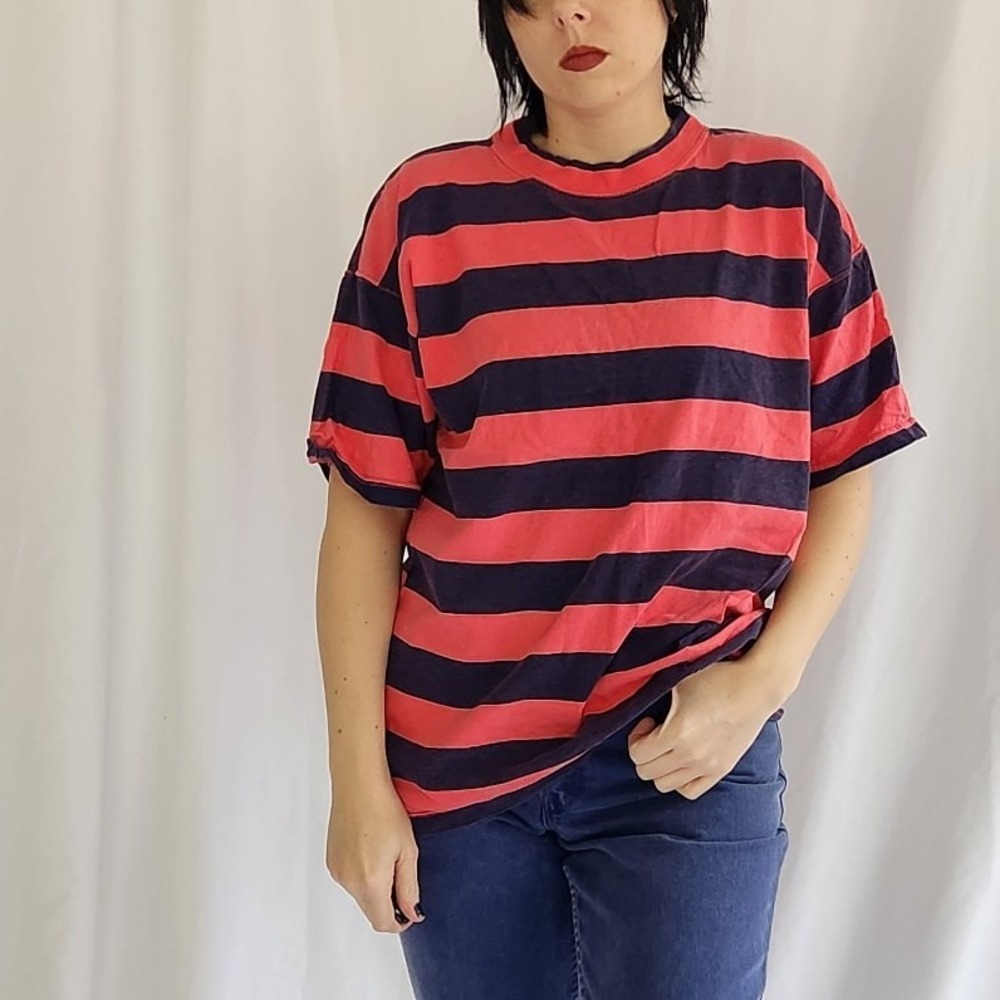 90s Pink and Blue Striped Oversize 100% Cotton Tee‎